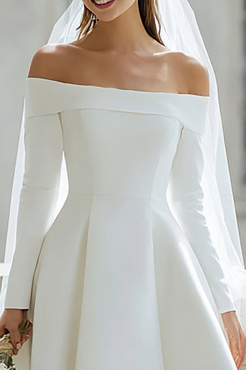 Off The Shoulder A-Line Satin High Low Engagement Dress With Long Sleeves